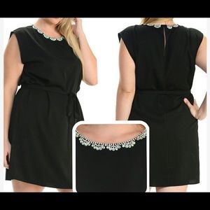 💎PLUS Size Jeweled Neck Tie waist Black Dress